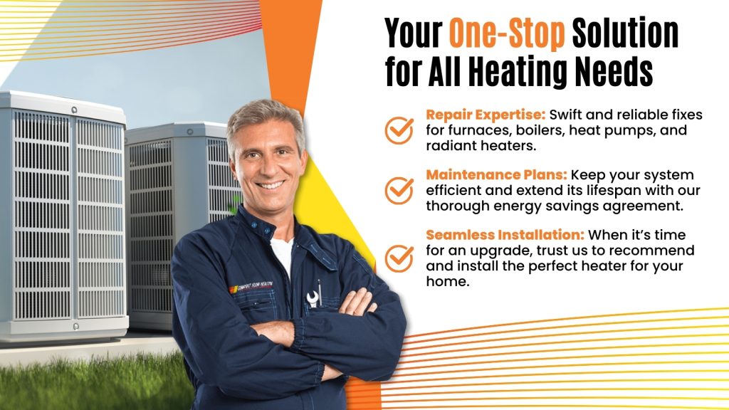 This is an image of a Comfort Flow tech standing in front of two heat pumps. The headline reads; Your one-stop solution for all heating needs.
